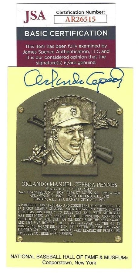 Autographed ORLANDO CEPEDA  Hall of Fame Gold Plaque Post Card With JSA COA - Image 1 of 1