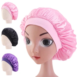 Girls Satin Night Sleep Cap Baggy Bonnet Hat Head Cover Wide Band Adjust Elastic - Picture 1 of 24