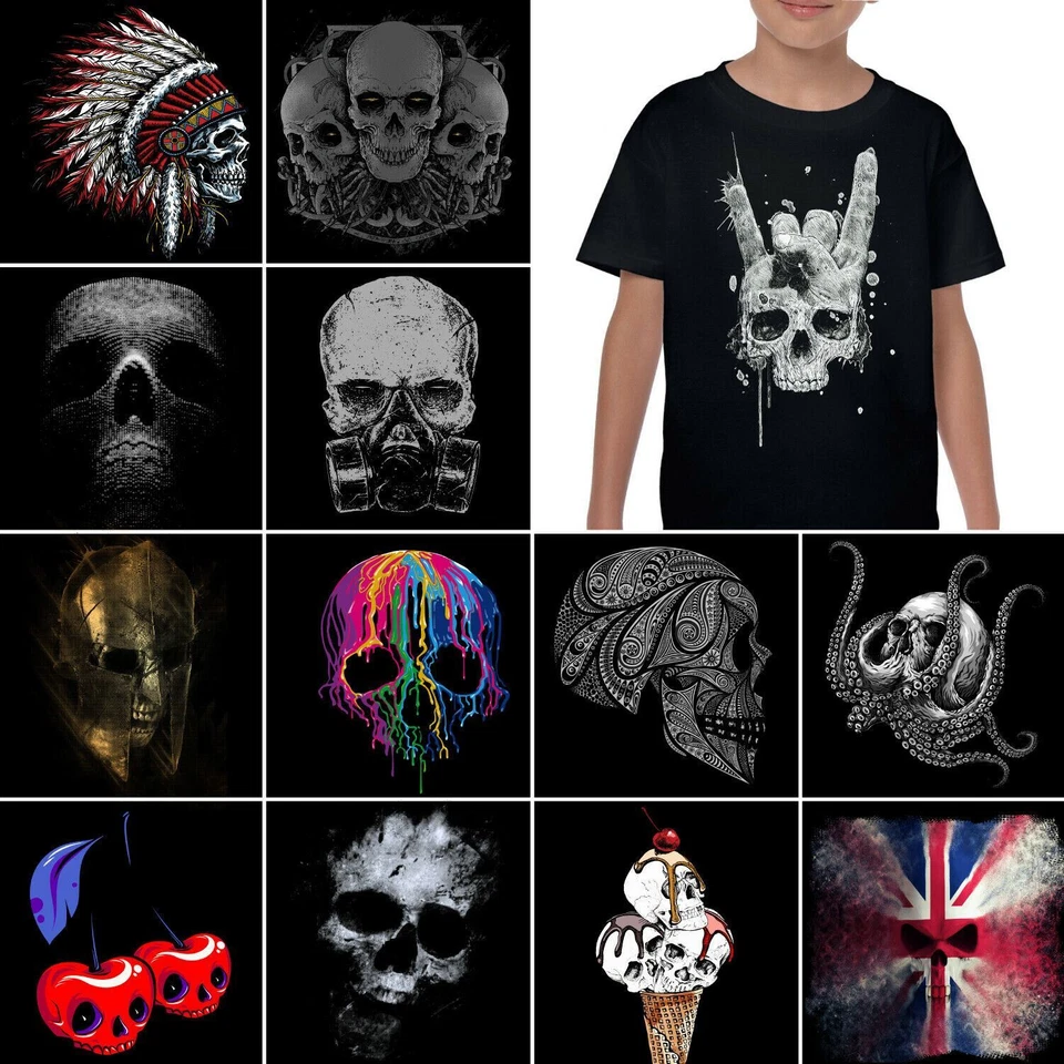Kinder Totenkopf T-Shirt Jungen Mädchen Biker Viking Sensenmann Fitness Rock N - Bild 1 von 1