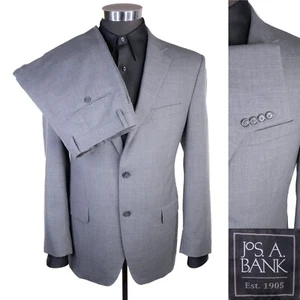 JoS. A. Bank 2-Pcs Suit Solid Gray Jacket Blazer 40R Pants 34x30 Wool 2-Buttons - Picture 1 of 19