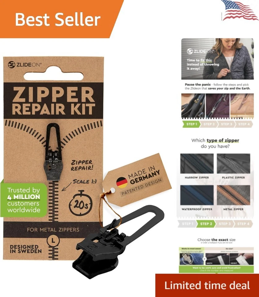 Universal Black Zipper Pull Replacement Slider - Fast Fix for Clothing & Bags - Image 1 of 4