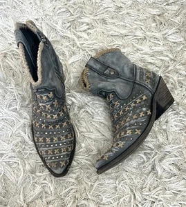 Liberty Black Vintage Canela Leather Whipstitch Studded Ankle Western Boots Sz 8 - Picture 1 of 13