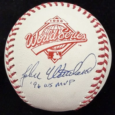 John Wetteland 96 WS MVP Signed 1996 World Series Logo Baseball Beckett  - Image 1 of 2