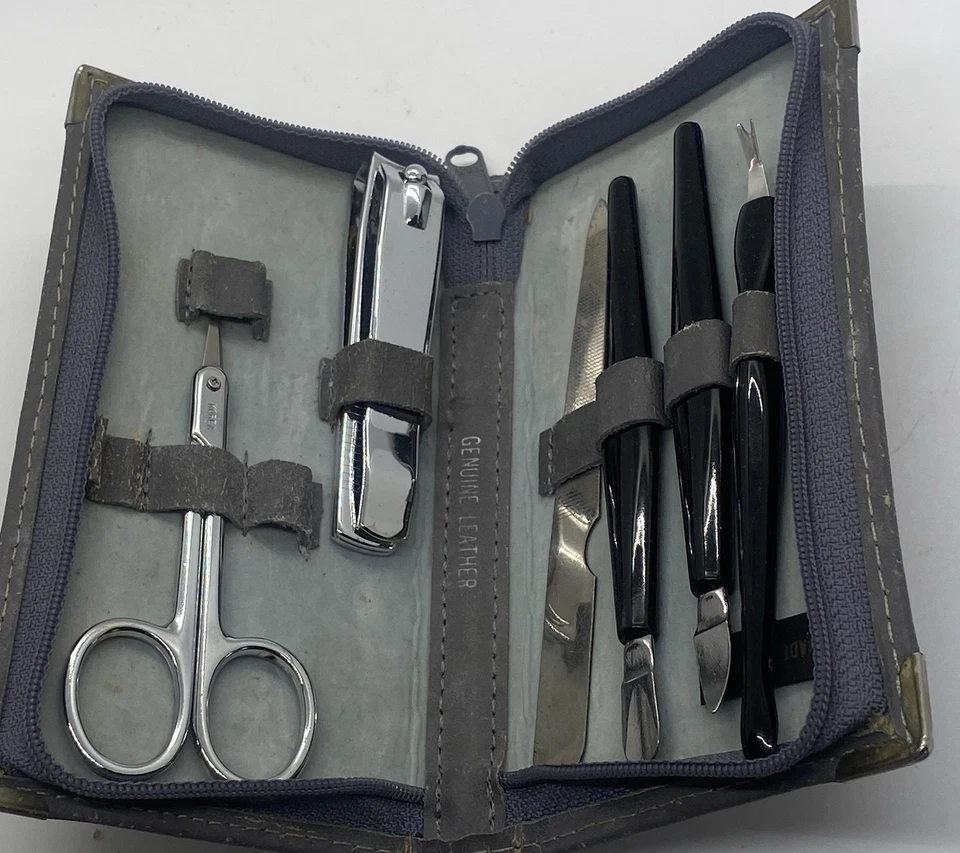 Juego de manicura vintage kit cuero gris estuche con cremallera correo aseo viaje u hogar Foto 1 de 4