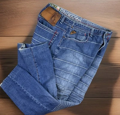 Vintage Y2K Akademiks Jeans Embroidered Striped Punk Grunge Denim Pant 36x29 - Image 1 of 4