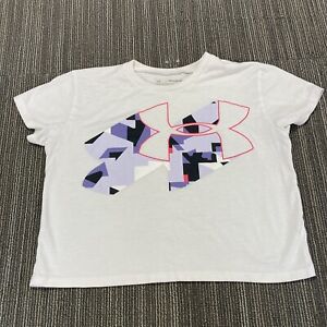 Under Armour  Shirt YXL Girls XL Youth XL White Loose Cropped HeatGear Graphic