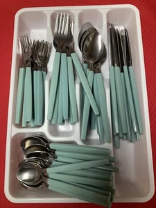 Vintage 67 Piece  Green / Turquoise /  Plastic Handled Stainless Flatware - Picture 1 of 7