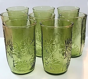 Vasos de jugo verde margarita Anchor Hocking Spring Song de colección x 8 mediados de siglo años 60 - Imagen 1 de 10