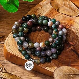 108 Mala Beads Natural Agate Beaded Lotus Pendant Necklace Healing Mind Peace