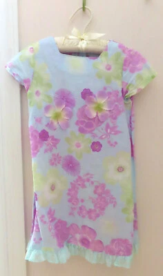 EUC Boutique Baby Lulu Girls Size 6 Blue Linen Dress w Purple Green Flower Print - Image 1 of 4