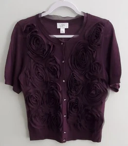 NWT Ann Taylor Loft Womens Medium Eggplant Chiffon Rosette SS Cardigan Sweater - Picture 1 of 8