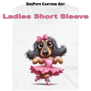 DigiPups Afghan Hound Dog Pink Girl Puppy Ballerina Cartoon Ladies T Shirt - Picture 1 of 4