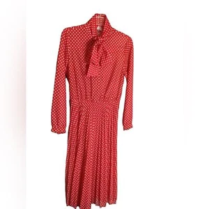 Vintage 70’s 80’s Secretary Polka Dot Dress Bow Collar Pleated Skirt 12 - Picture 1 of 5