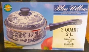 Heritage Blue Willow 2 Qt Enamel Over Steel Saucepan, Lid, Blue Handle, New - Picture 1 of 6