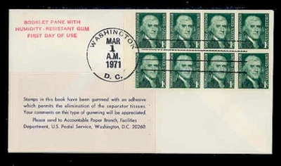 1278ae 1c JEFFERSON DULL GUM BOOKLET PANE of 8 FDC - BOOKLET CACHET - Image 1 of 2