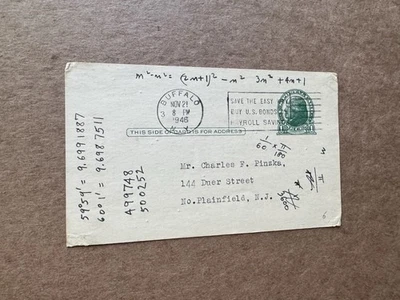 US 1940s Dr CF Pinzka Postal Card (06) +Renown Mathematician  +Math Discussion - Image 1 of 2