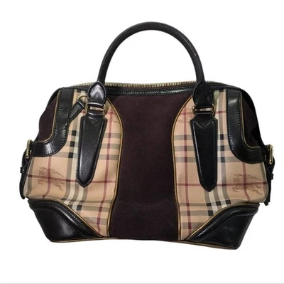 Authentic Burberry Check Suede Leather Satchel Tote Bag Black Brown Plaid - Image 1 of 4