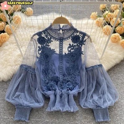 Ladies Lace Mesh Shirt Floral Long Puff Sleeve Blouse Sheer Elegant Party Tops - Image 1 of 4
