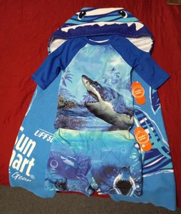 NWT Wonder Nation SHARK THEME WATER SHIRT, SHORTS, TOWEL SIZE 4-5 BLUE UPF 50 - Picture 1 of 7