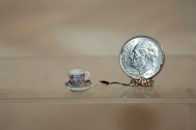 Miniature Dollhouse Vintagae Bespaq Porcelain Cup Saucer & Spoon Bird & Flowers - Image 1 of 4