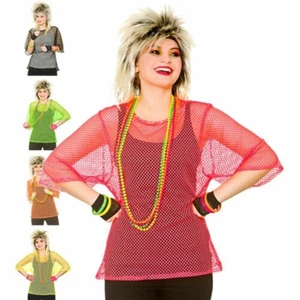 Neon 80s Mesh Top Fishnet T-Shirt Fancy Dress Costume Punk Rocker Accessory - Picture 1 of 12