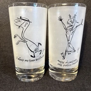 2 MCM VTG W. Steig High Ball Glasses Signed 50s Barware Comic Novelty - Picture 1 of 3
