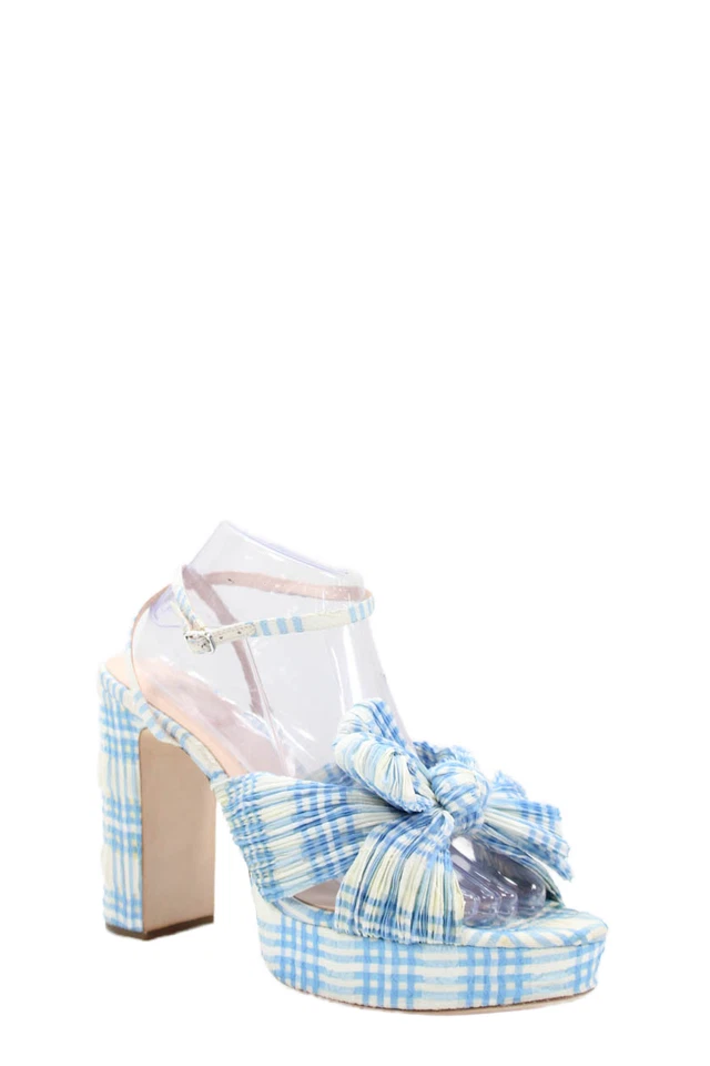 Sandalias Loeffler Randall para mujer de tacón ancho a cuadros con correa al tobillo blancas azules talla 11M Foto 1 de 4