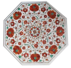 18" Marble table top semi precious stones carnelian stones inlay floral work - Picture 1 of 1