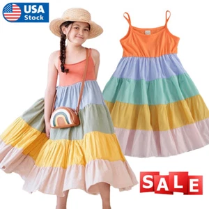 Girls Rainbow Dress Princess Dress Prom Strap Dresses Kids Birthday Party Casual - Picture 1 of 10