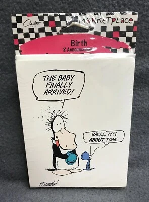 Vintage Carlton Cards BIRTH ANNOUNCEMENTS  8 Cards Envelopes OPUS 'N BILL  - Image 1 of 4