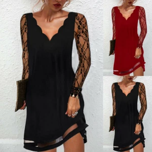 ️Vestido de encaje manga larga de malla con cuello en V para mujer noche cóctel fiesta vestido vestido - Imagen 1 de 14