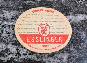 C) ESSLINGER'S BEER PARTI-QUIZ 3" PULGADAS MONTAÑA RUSA ESSLINGER BREWING CO PHILA PA - Imagen 1 de 1