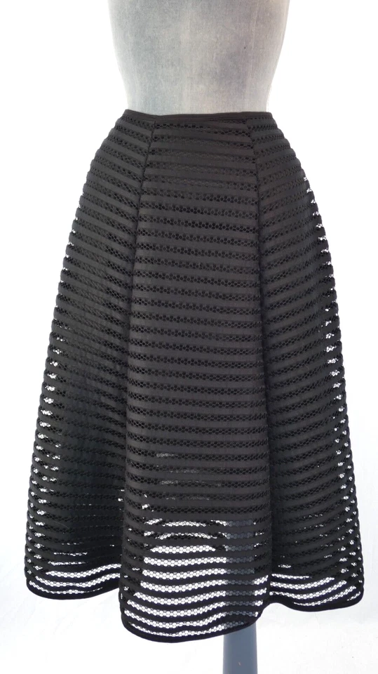 Quiz Midi Black Skirt Flare Mesh Rib Openwork Chic Retro High Waist Size UK 10 - Image 1 of 4