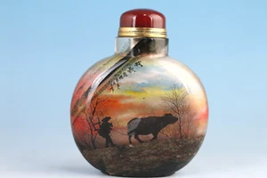 Chinese natural crystal hand painting tradition ox and man life snuff bottle - Picture 1 of 10