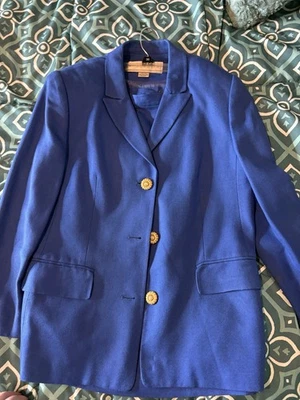 Doncaster Blazer & Skirt Suit Set Size 8 Navy Pinstripe Cashmere Wool Blend Gold - Image 1 of 4