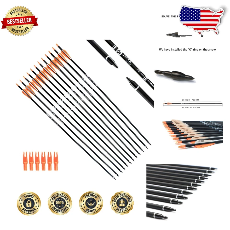 Tiger Archery 30inch Carbon Arrow Practice Hunting Arrows With Removable Tips FO