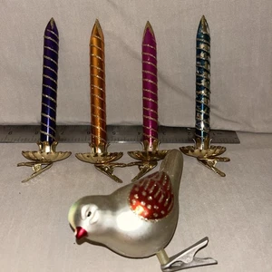 ❤️VTG MERCURY GLASS CLIP ON CHRISTMAS ORNAMENTS 4 CANDLES & A BIRD HANDBLOWN - Picture 1 of 6