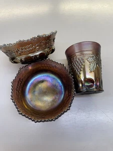 VINTAGE 1930'S NORTHWOOD CARNIVAL GLASS BOWLS W/ CUP GRAPE LEAF PATTERN VG CD - Picture 1 of 8