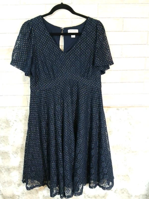 Motherhood Maternity Size M Navy Blue Lace and Gold Dots Dress Fit N Flare VNeck - Image 1 of 4