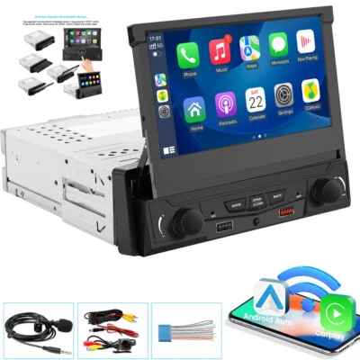 7" Single 1 DIN Car Radio Stereo Carplay Automatically Flip Out Screen Player AM - Image 1 of 4