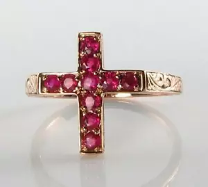 9K 9CT ROSE GOLD INDIAN RUBY CROSS CRUCIFIX VINTAGE INS RING Free Resize - Picture 1 of 5