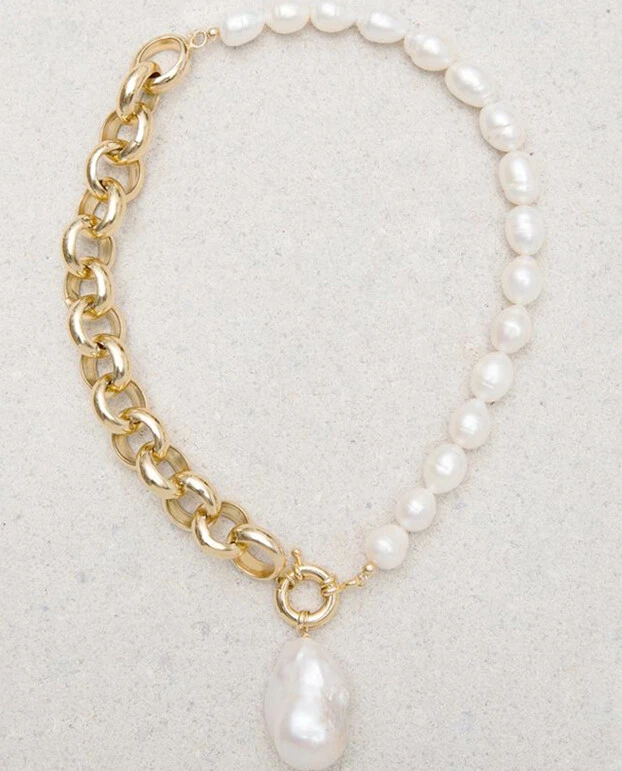 Collar Blanco Natural Barroco Perla Natural 14k Relleno Oro Cadena Collar Foto 1 de 2