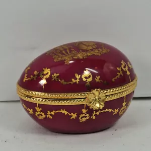 Caja de baratijas Limoges francesa en forma de huevo estilo antiguo de París magenta oro bailarines adorno - Imagen 1 de 10