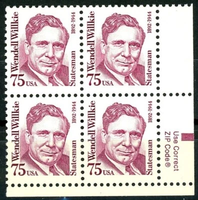 Wendell Willkie Dull Gum Block Tagged ZIP Block of 4 MNH Scott's 2192 - Image 1 of 2