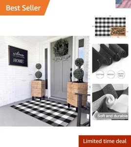 Cotton Buffalo Plaid Rug, 3x5 Black and White Check Outdoor Rug Front Door De... - Picture 1 of 8