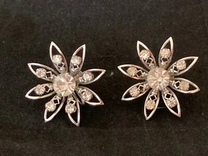 Vintage Silver and Rhinestone Flower Screw on Earrings - Picture 1 of 5