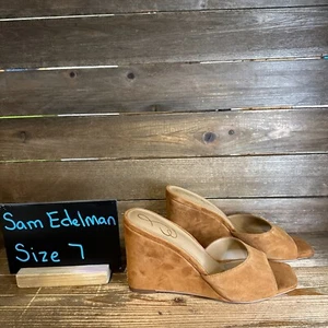 New NIB Womens Sam Edelman Merrick Brown Suede Wedge Heeled Sandals Size 7 M - Picture 1 of 6