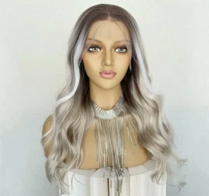 Brown Blonde Ombre Wig HD Front Lace Human Hair Blend Highlights Wavy Curly - Picture 1 of 4
