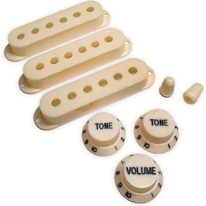 Modern Strat PUP covers, switch tips, knobs set Parchment / Black Font - Picture 1 of 1