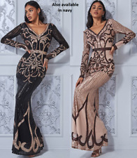 Goddiva Sequin Swirl Maxi Long Sleeve Formal Evening Dress Prom Party RRP £120